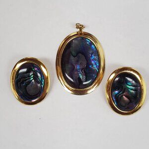 Vintage Paua Abalone Shell Pendant and Clip on Earring Set